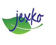 jexko logo, handwritten blue text on a leaf